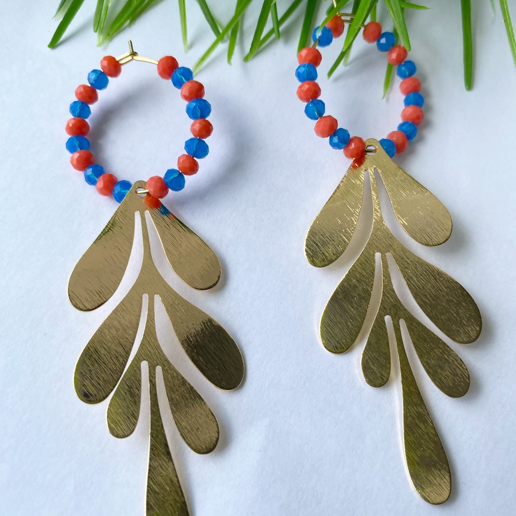 Gold Leaf Drop Earrings With Blue And Coral Beaded Hoops